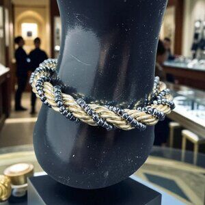 Vintage Boho Gold Tone Beaded Rope Bracelet Toggle Clasp Tassel Trendy Statement